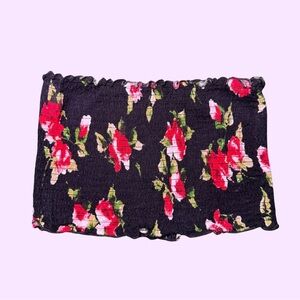 Ambiance Black Floral Smocked Crop Top with Red & Green Print